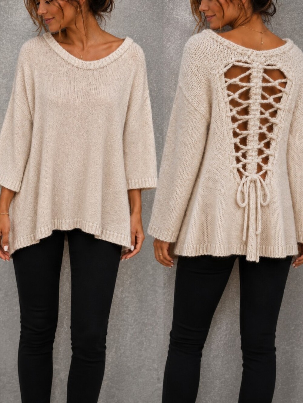 POL Lace-up Back Peek-a-boo Relaxed Fit Sweater White Women Size Medium